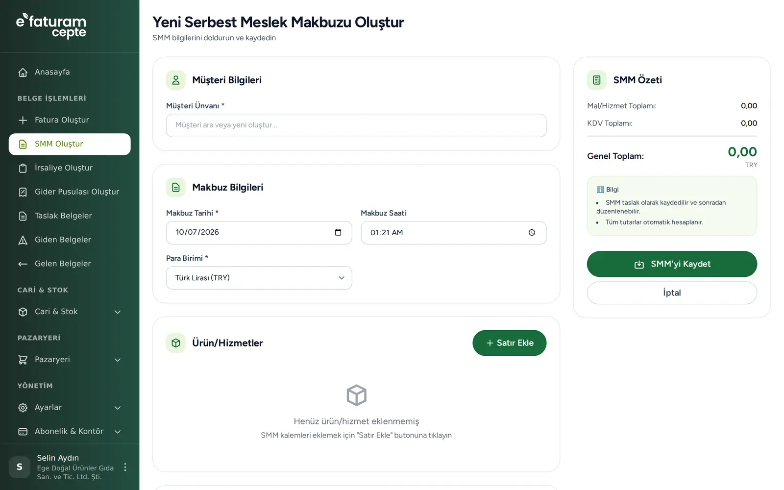 e-Faturam Cepte belge oluşturma ekranı